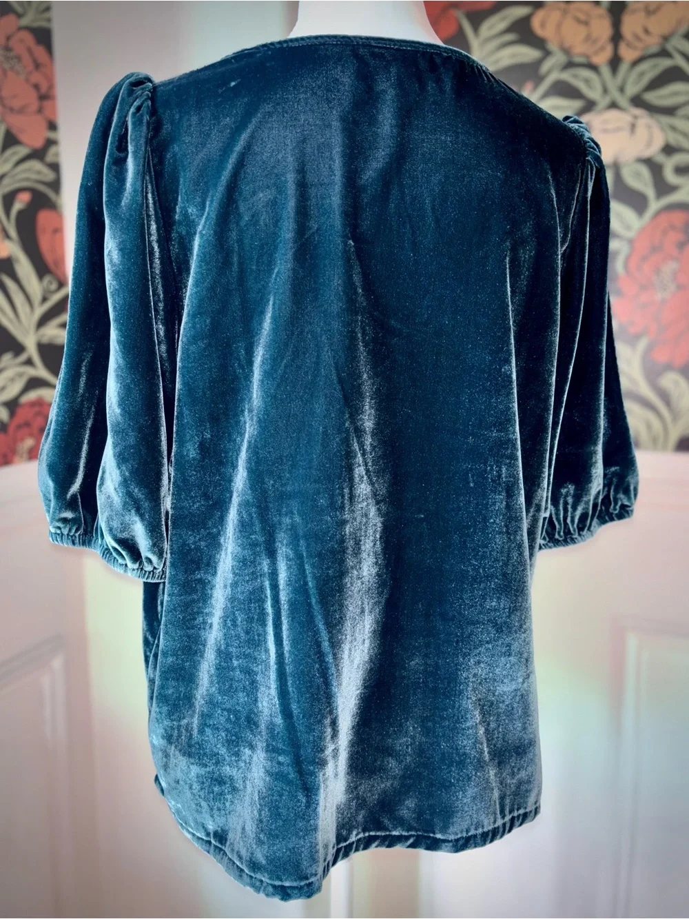 Velvet Puff Sleeve V-Neck Top Teal Blue Romantic Style